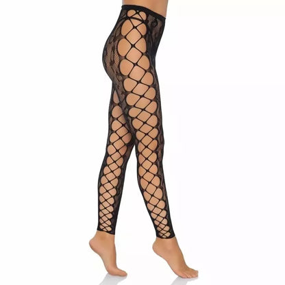 Leg Avenue universalaus dydžio leopardinio rašto nėriniuotos pėdkelnės be pėdų su tinkliniais šonais