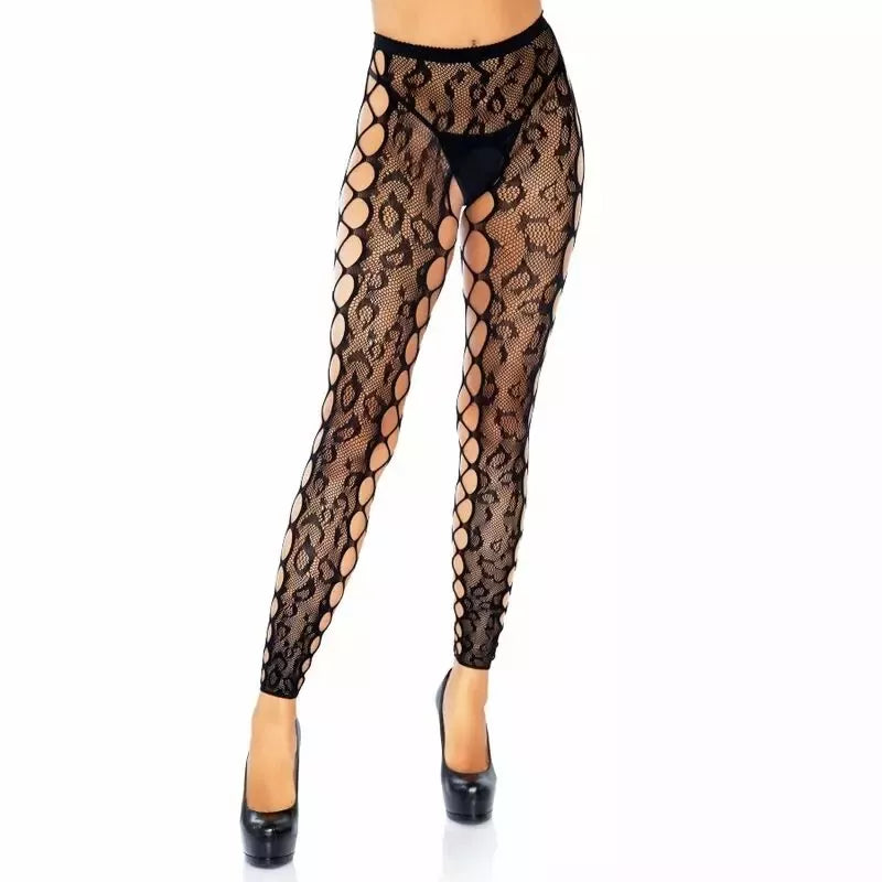 Leg Avenue universalaus dydžio leopardinio rašto nėriniuotos pėdkelnės be pėdų su tinkliniais šonais