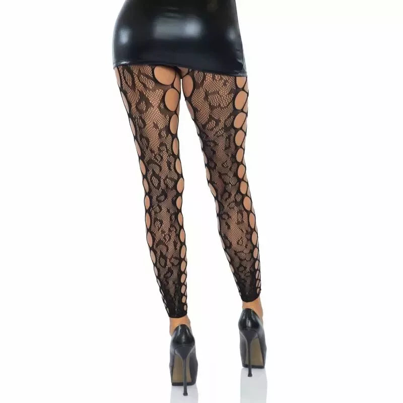 Leg Avenue universalaus dydžio leopardinio rašto nėriniuotos pėdkelnės be pėdų su tinkliniais šonais