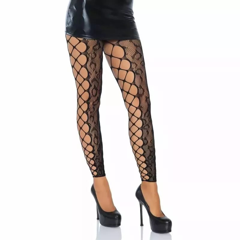 Leg Avenue universalaus dydžio leopardinio rašto nėriniuotos pėdkelnės be pėdų su tinkliniais šonais