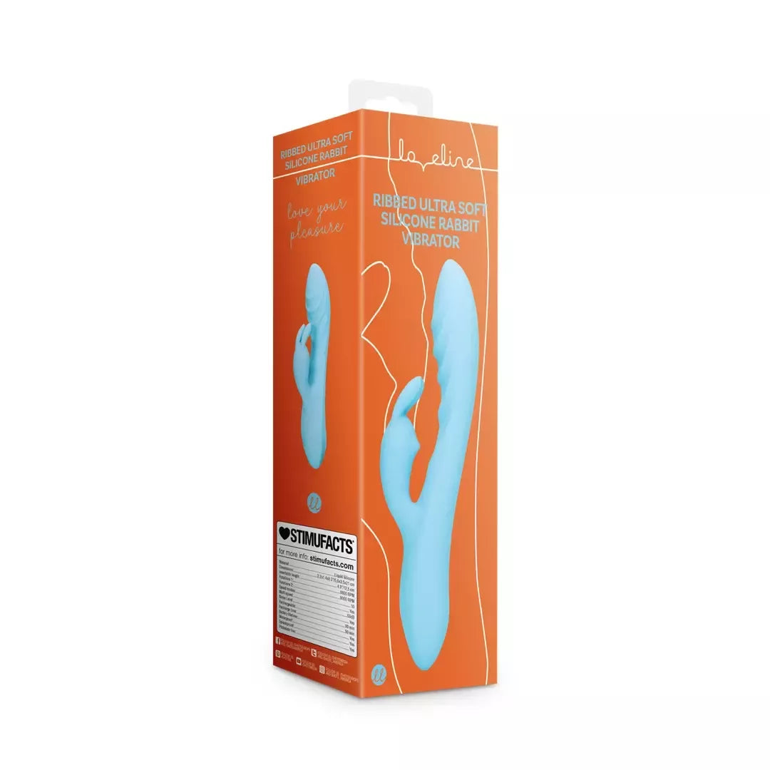 Loveline briaunuotas itin švelnus silikoninis triušio formos vibratorius Glacial Blue