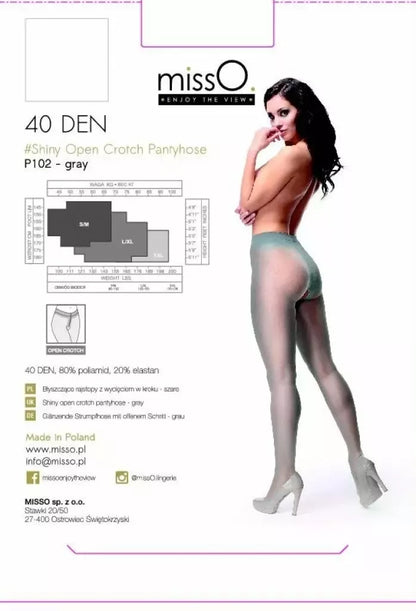 MissO P102 pilkos pėdkelnės S/M dydžio – elegantiškos pėdkelnės su diskretiška anga, 40 DEN