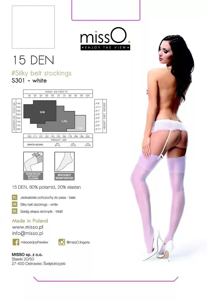 MissO S301 baltos kojinės su diržo tvirtinimu L/XL šilkinės