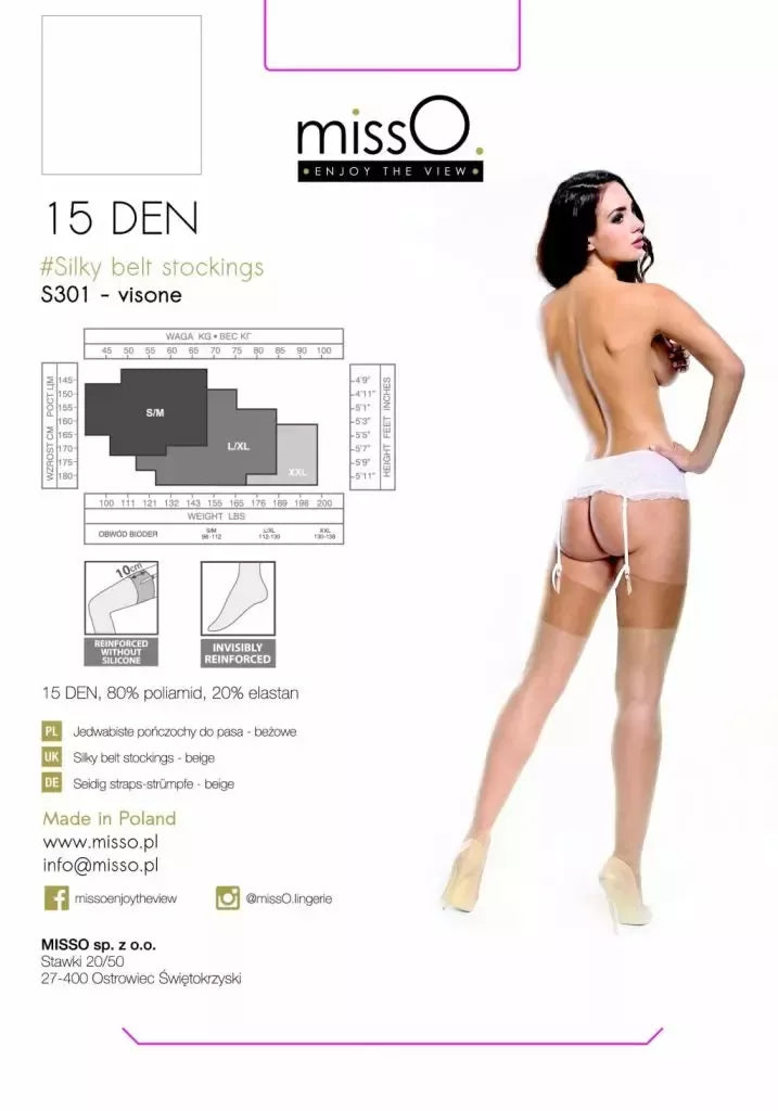 MissO S301 kojinės kūno spalvos L/XL – elegantiškos kojinės su dirželiu moterims