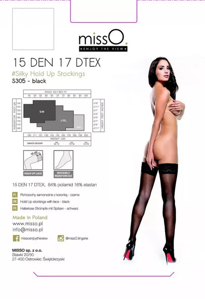 MissO S305 kojinės su silikonine juosta, juodos, L/XL, 15DEN, nėriniuotu viršumi