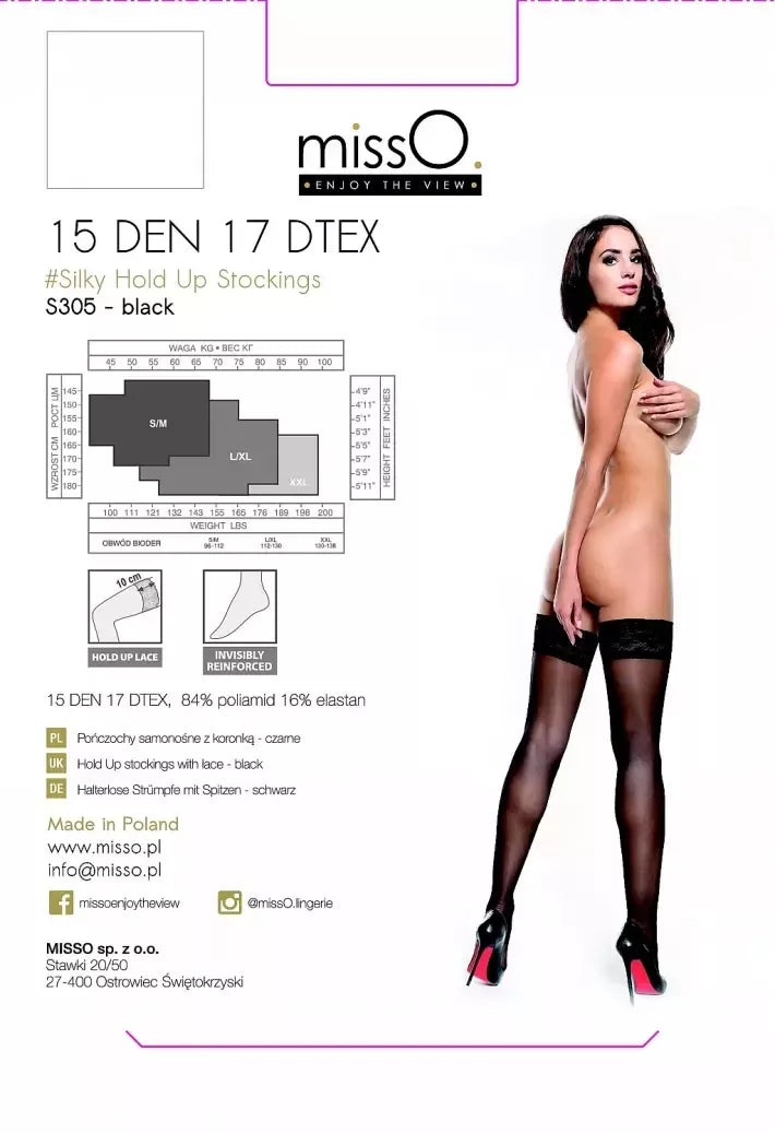 MissO S305 kojinės su silikonine juosta, juodos, XXL, 15DEN, nėriniuotu viršumi