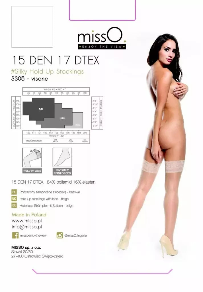 MissO S305 kojinės su silikonine juosta, smėlio spalvos L/XL – 15 DEN, nėriniuotas viršus