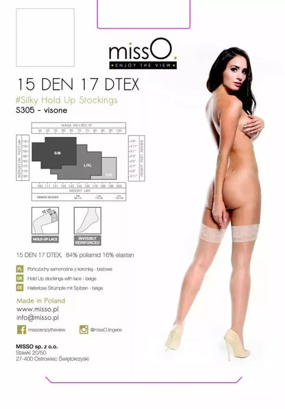 MissO S305 kojinės su silikonine juosta, smėlio spalvos L/XL – 15 DEN, nėriniuotas viršus
