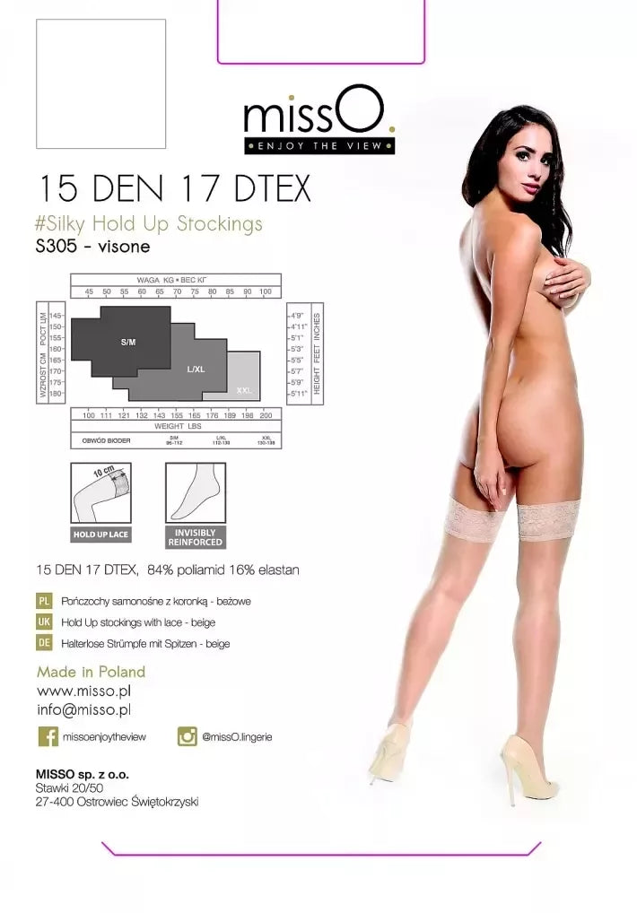 MissO S305 kojinės su silikonine juostele, smėlio spalvos, XXL dydis – 15 DEN, šilkinis paviršius
