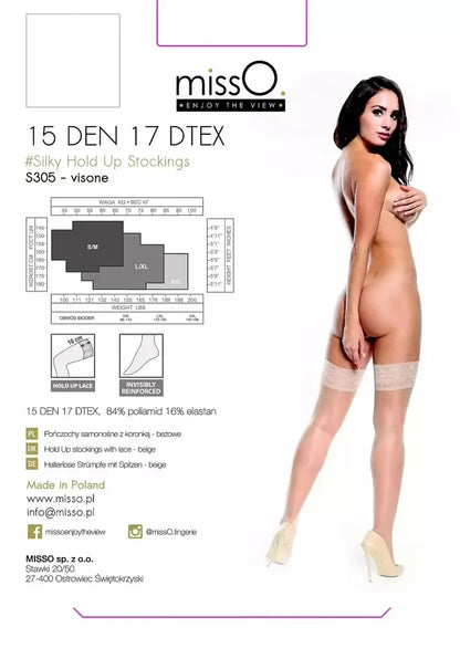 MissO S305 kojinės su silikonine juostele, smėlio spalvos, XXL dydis – 15 DEN, šilkinis paviršius