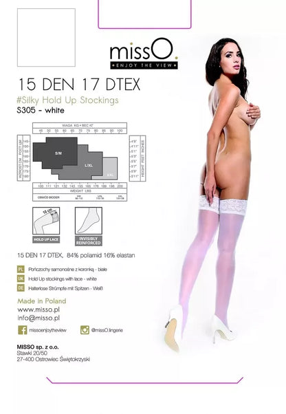 MissO S305 kojinės su silikonu, baltos, L/XL – plonos 15 DEN, su nėrinių juosta