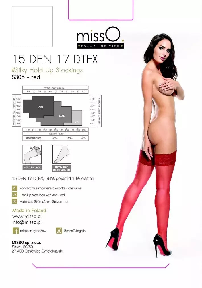 MissO S305 palaikomosios kojinės raudonos XXL – 15 DEN, nėriniuotas viršus, patvarus mezginys