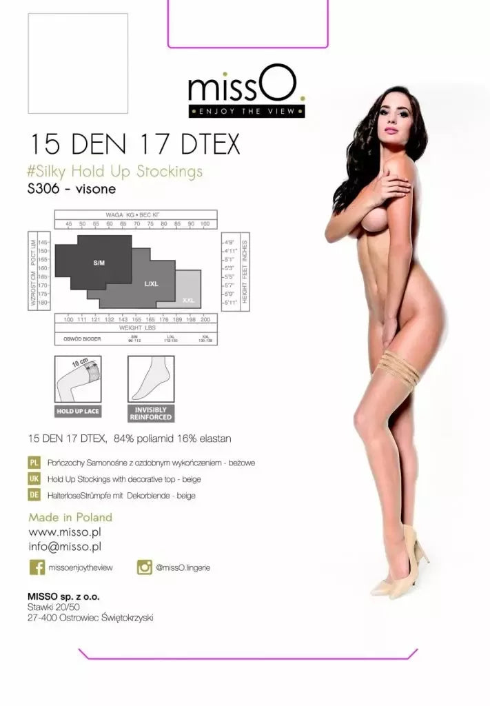 MissO S306 kojinės su silikonine juostele, smėlio spalvos, S/M – švelnus žvilgesys ir triguba viršutinė juosta