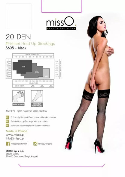 MissO S605 palaikomos tinklinės kojinės, juodos, S/M, su nėrinių viršumi