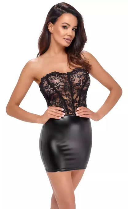 Noir Handmade S suknelė be petnešėlių – juodi nėriniai ir „powerwetlook“ tekstūra, korsetinė nugara