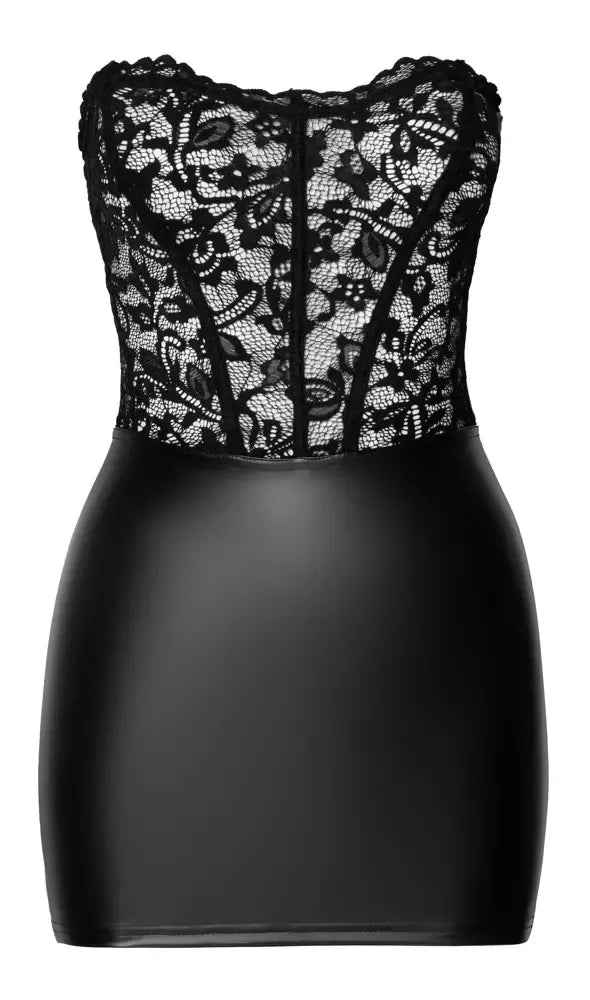 Noir Handmade S suknelė be petnešėlių – juodi nėriniai ir „powerwetlook“ tekstūra, korsetinė nugara