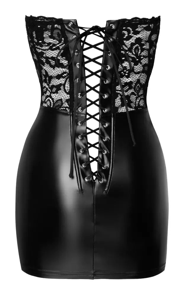 Noir Handmade S suknelė be petnešėlių – juodi nėriniai ir „powerwetlook“ tekstūra, korsetinė nugara