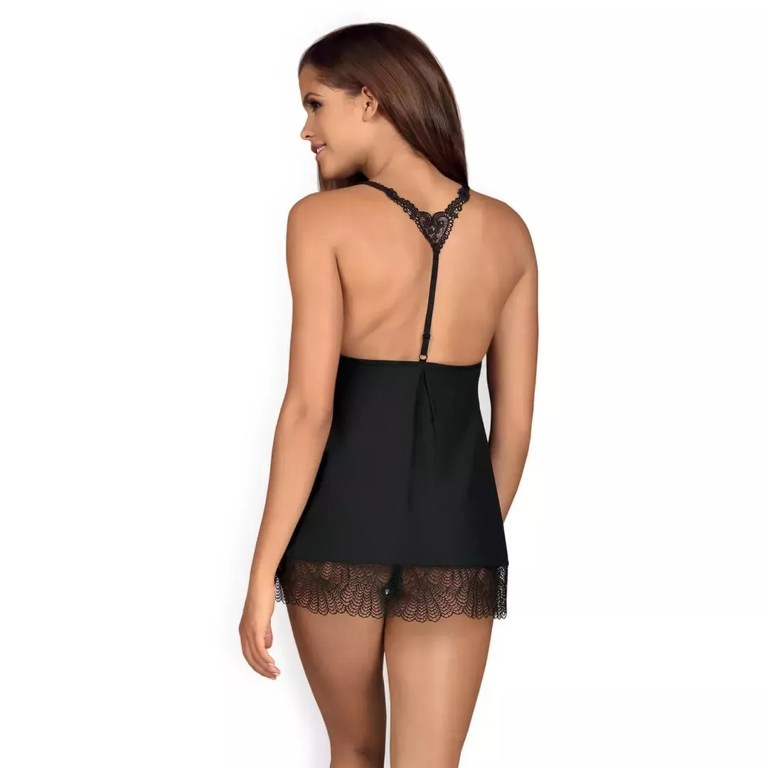 Obsessive Chiccanta Babydoll ir kelnaitės stygos, juodos spalvos, S/M – elegantiškas nėrinių komplektas