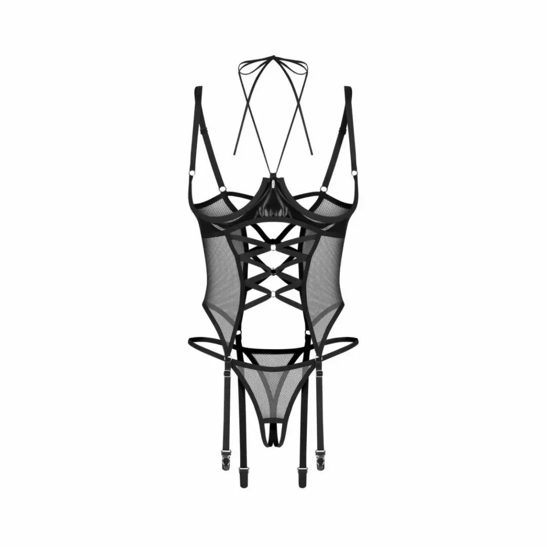 Obsessive Dominna juodas korsetų rinkinys su atviromis kelnaitėmis, "wetlook" ir tinklelio audinys L/XL