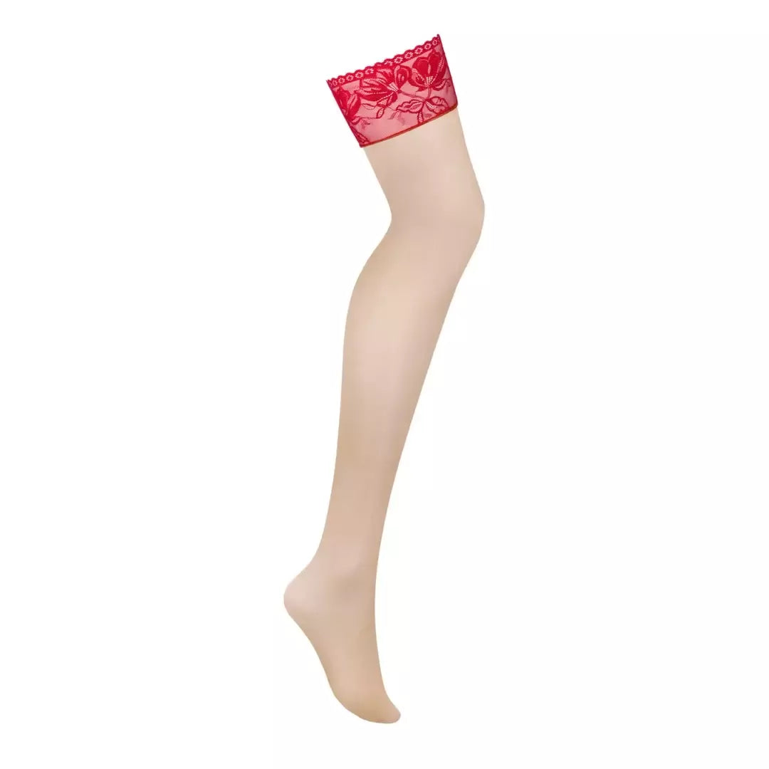 Obsessive Lacelove kojinės XL/2XL, raudoni nėriniai – elegantiškas stilius su diržu