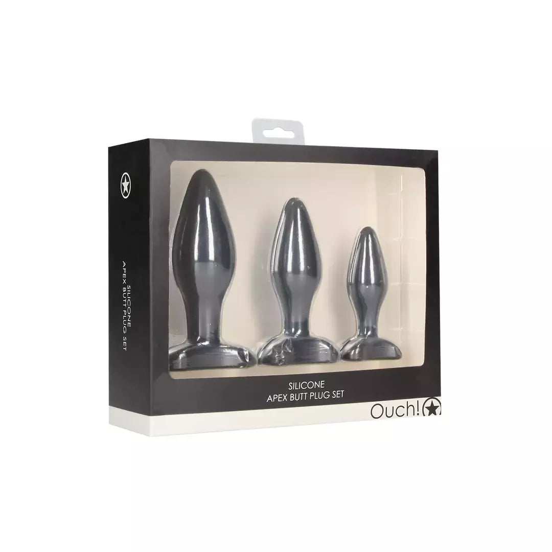 Ouch! Apex Silicone Plug Set – smailėjantis dizainas, juodas, 3 dydžiai