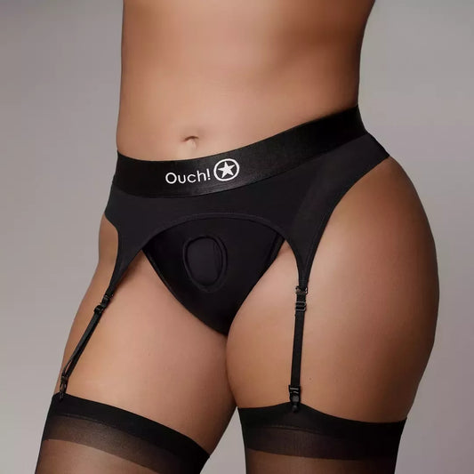 Ouch! by Shots vibruojantys reguliuojami diržiniai diržai su keliaraiščiais XL/XXL, juodi