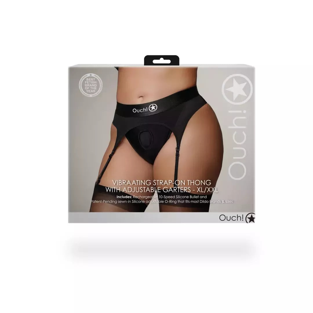 Ouch! by Shots vibruojantys reguliuojami diržiniai diržai su keliaraiščiais XL/XXL, juodi
