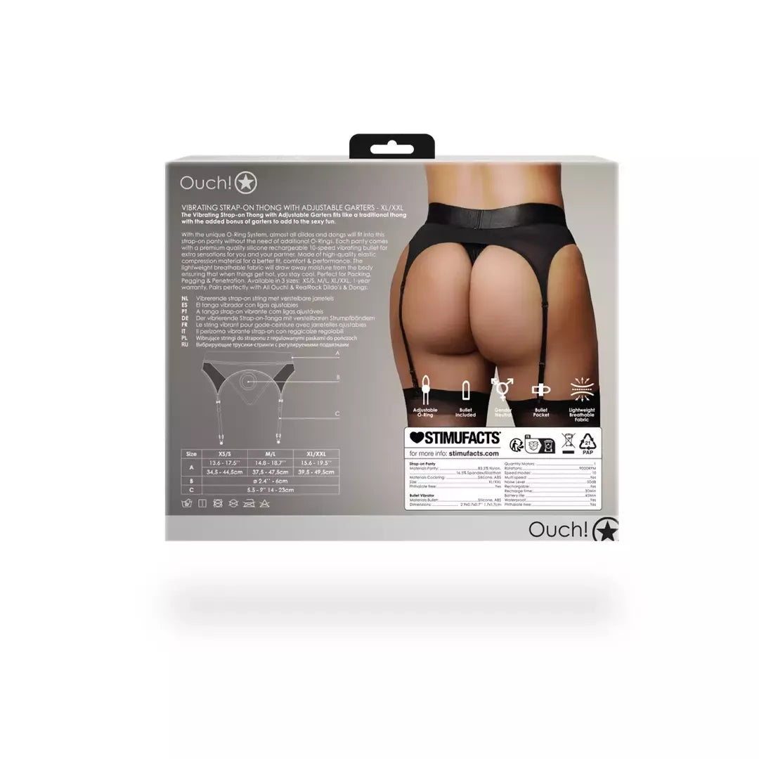 Ouch! by Shots vibruojantys reguliuojami diržiniai diržai su keliaraiščiais XL/XXL, juodi
