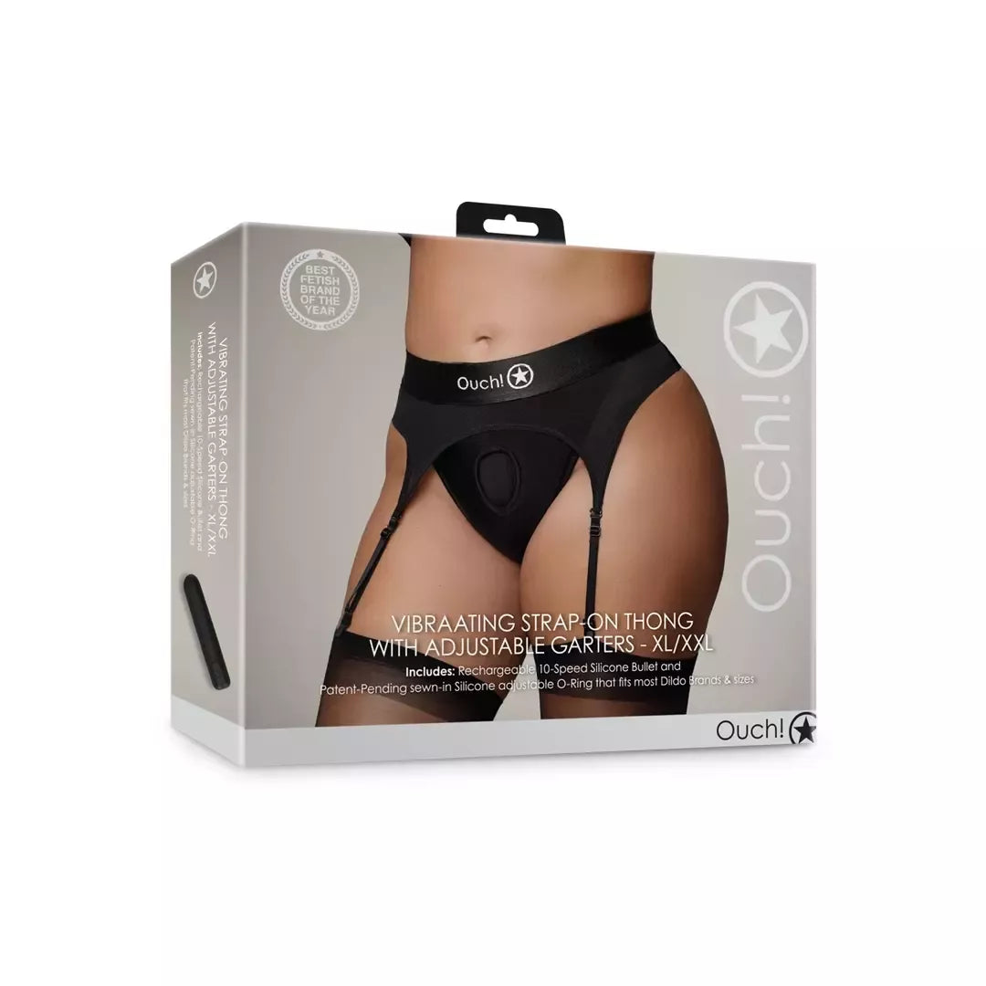 Ouch! by Shots vibruojantys reguliuojami diržiniai diržai su keliaraiščiais XL/XXL, juodi