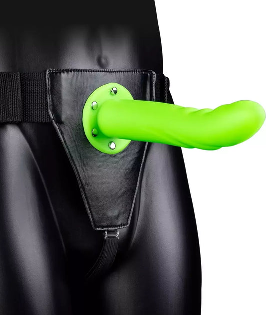 Ouch! Glow in the Dark Curved Hollow Strap-On reguliuojamas 20 cm