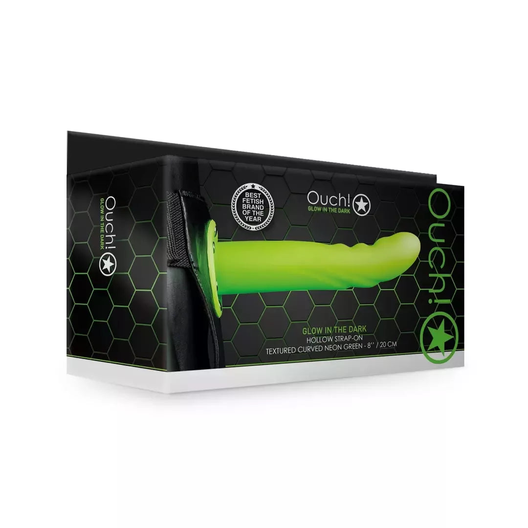 Ouch! Glow in the Dark Curved Hollow Strap-On reguliuojamas 20 cm