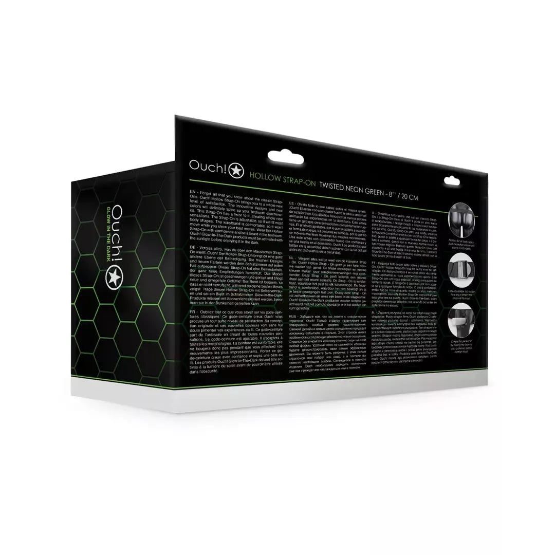Ouch! Glow-in-the-Dark Twisted Hollow Strap-On 20cm reguliuojamas modelis