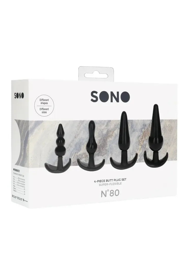 Ouch! No.80 silikoninių analinių kamščių rinkinys, 4 dydžiai, ergonomiškas pagrindas, juodas