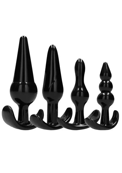 Ouch! No.80 silikoninių analinių kamščių rinkinys, 4 dydžiai, ergonomiškas pagrindas, juodas