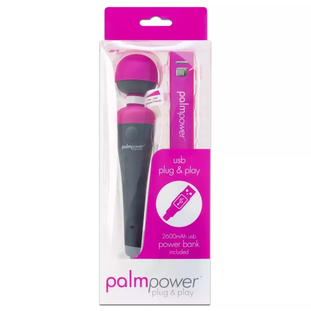 PalmPower Plug & Play vibratorius-masažuoklis, fuksijos spalvos, su 2600 mAh USB maitinimo bloku