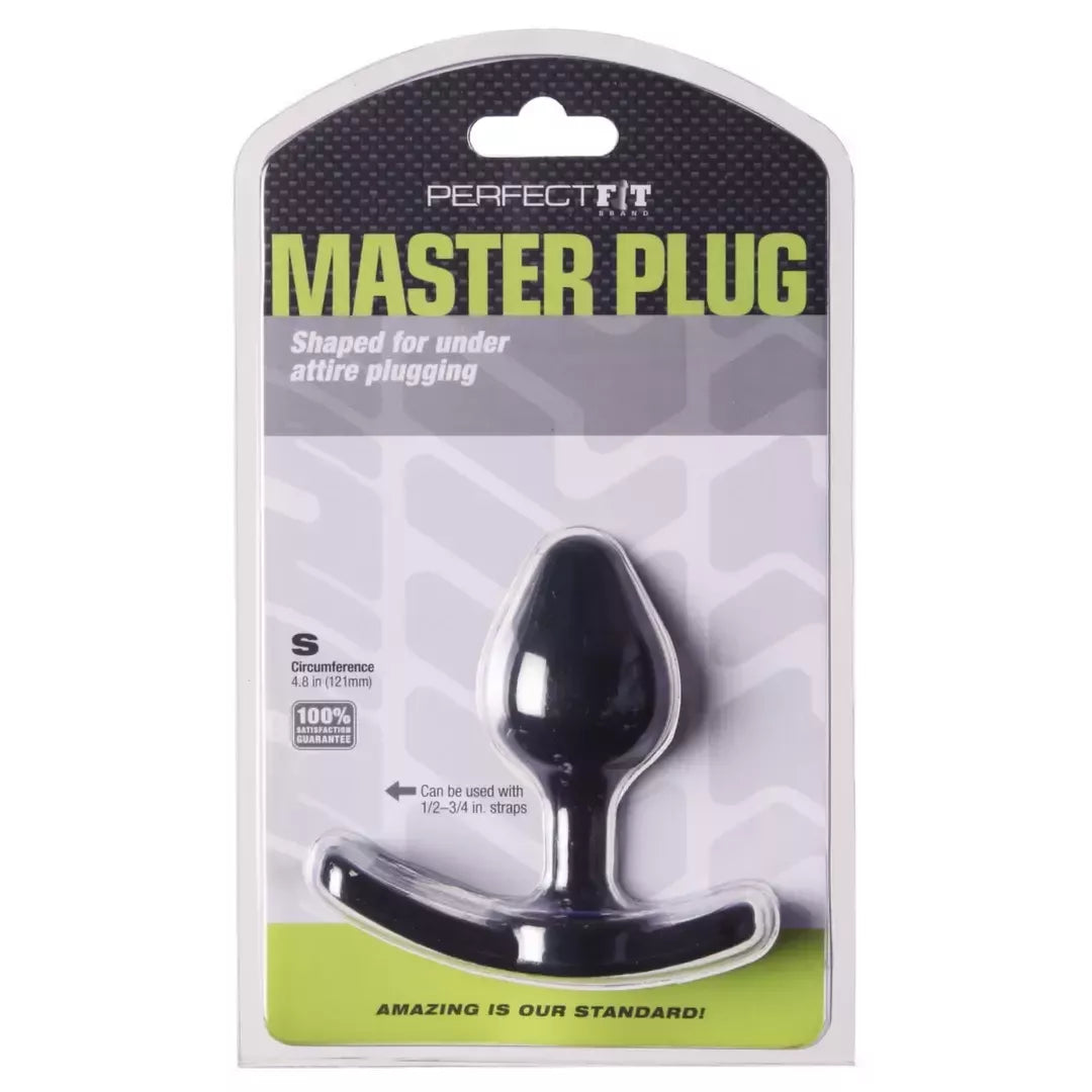 Perfect Fit Master Plug Small Black – su diržu suderinamas išangės kamštis, 8,9 cm