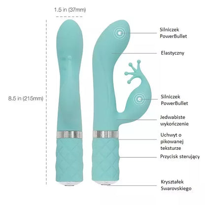 Pillow Talk Kinky Teal dviejų variklių intymus prietaisas su lanksčia rankena