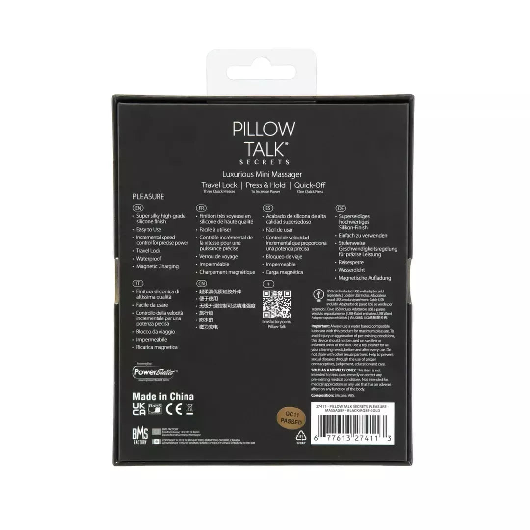 Pillow Talk Secrets Pleasure Wand Black – kompaktiškas lankstus masažuoklis