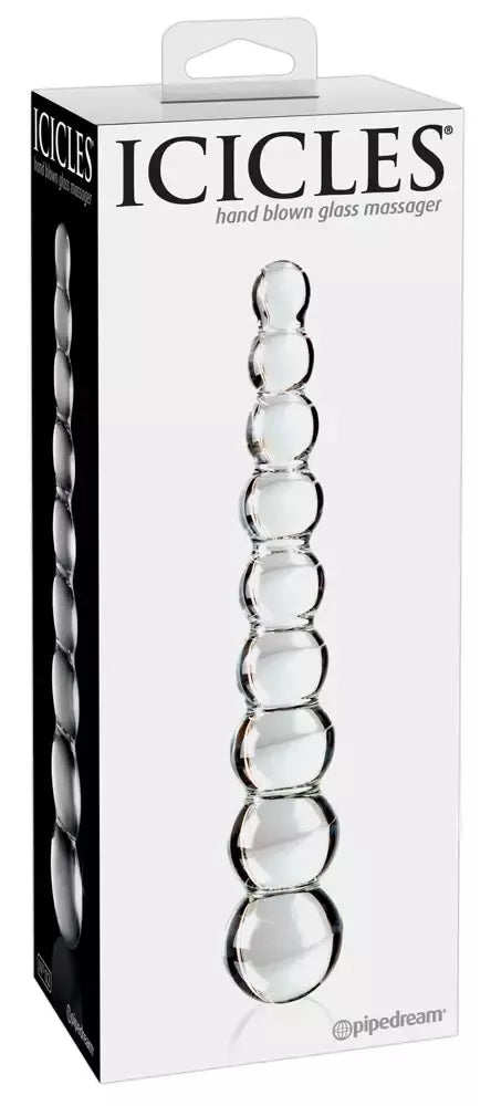 „Pipedream Icicles No. 2“ stiklinis intymios higienos masažuoklis su burbuliukų tekstūra, 22,5 cm, skaidrus
