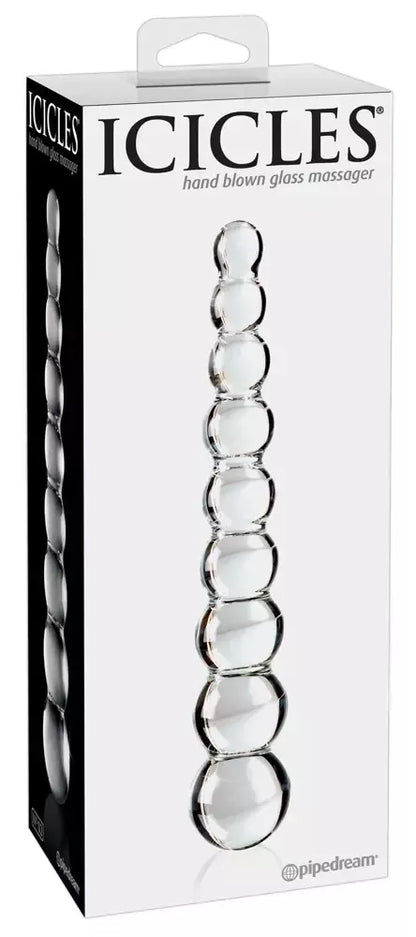 „Pipedream Icicles No. 2“ stiklinis intymios higienos masažuoklis su burbuliukų tekstūra, 22,5 cm, skaidrus