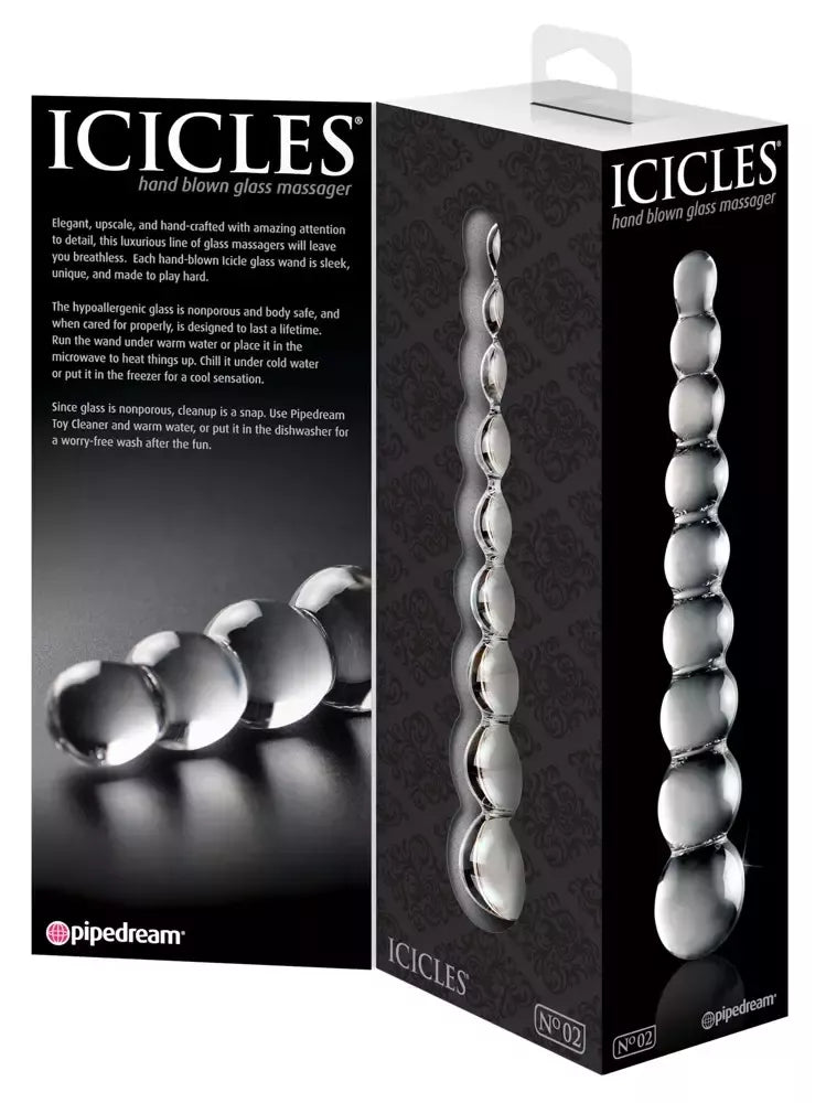 „Pipedream Icicles No. 2“ stiklinis intymios higienos masažuoklis su burbuliukų tekstūra, 22,5 cm, skaidrus