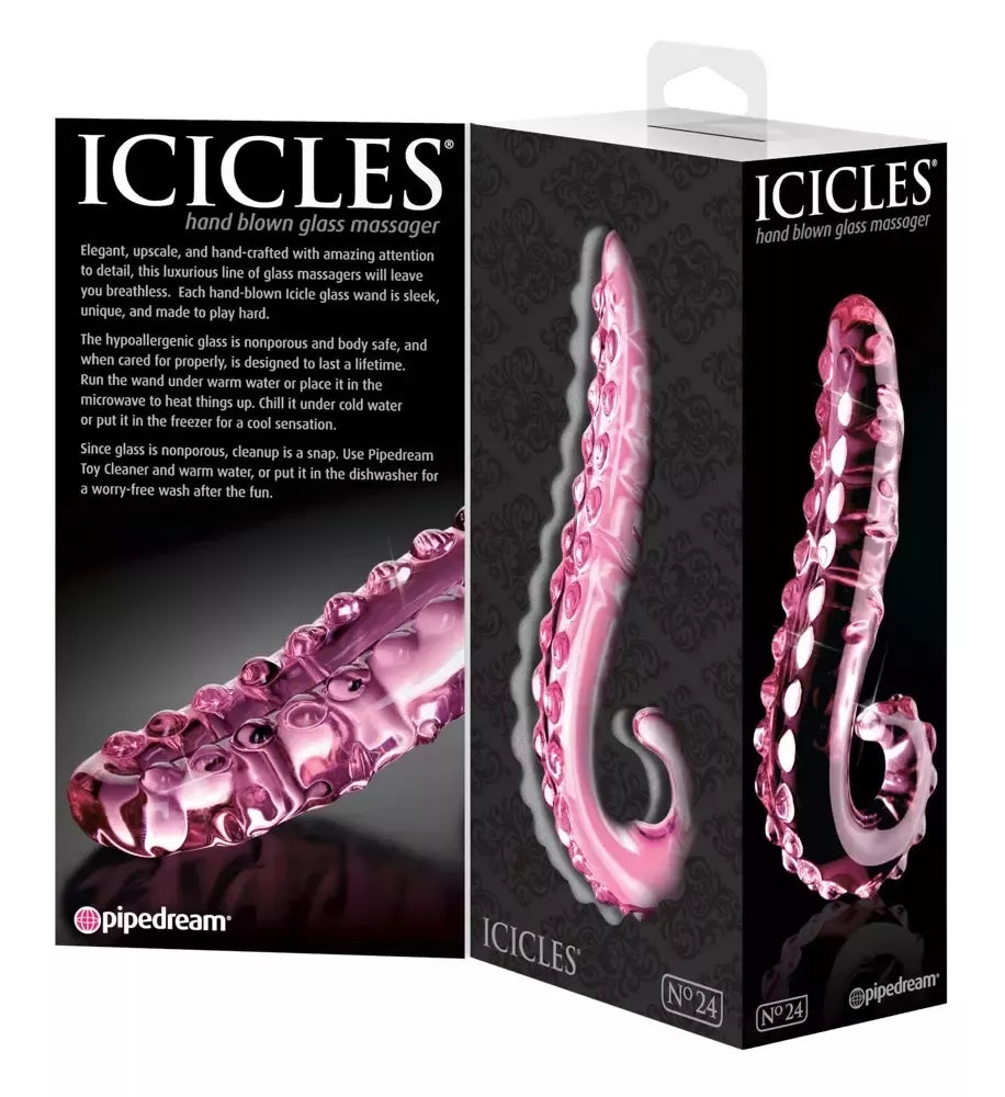 Pipedream Icicles No. 24 rožinis stiklinis intymus masažuoklis, 15,5 cm