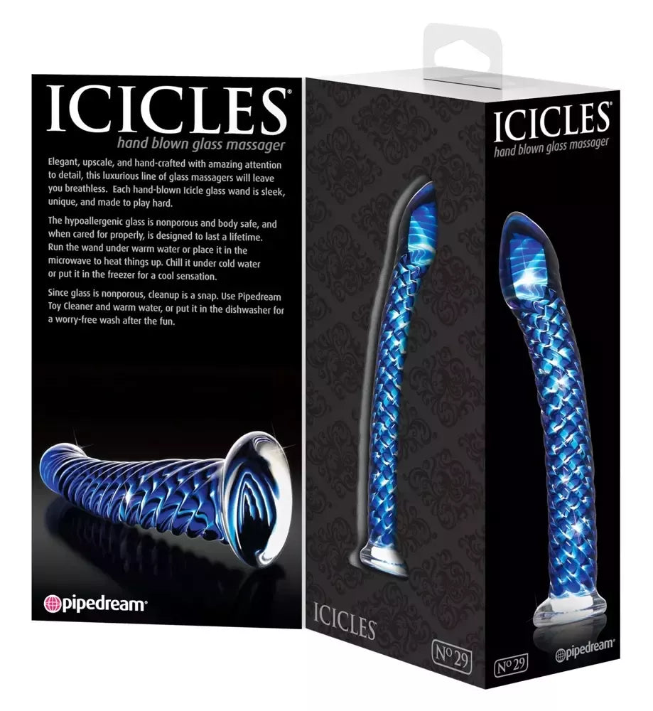 Pipedream Icicles No. 29 mėlynas stiklinis intymus masažuoklis, 19 cm