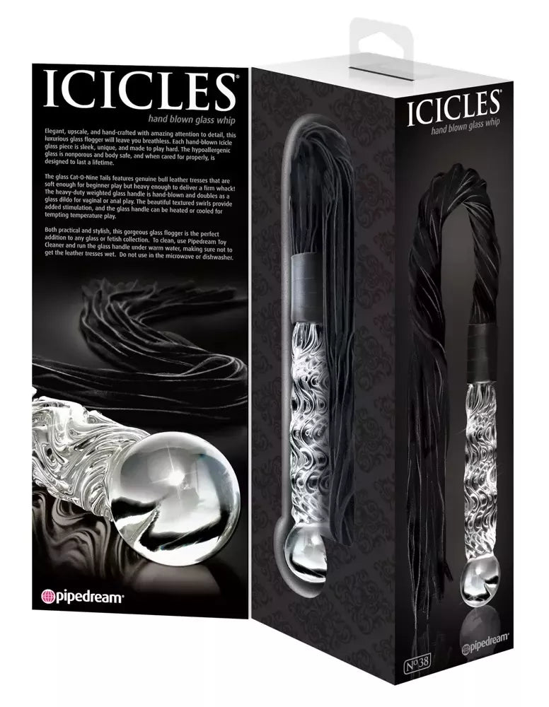 Pipedream Icicles No. 38 stiklinė masažinė lazdelė su odiniais kutais 63 cm, mėlyna