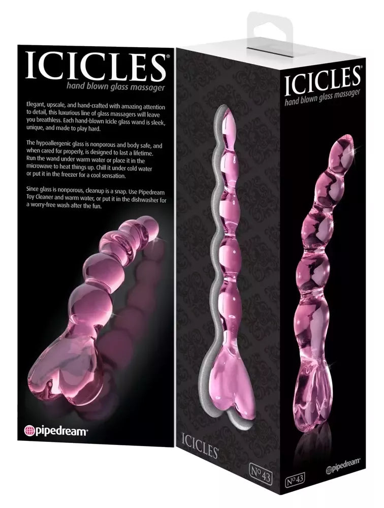 Pipedream Icicles No. 43 rožinis stiklinis masažuoklis, 20 cm