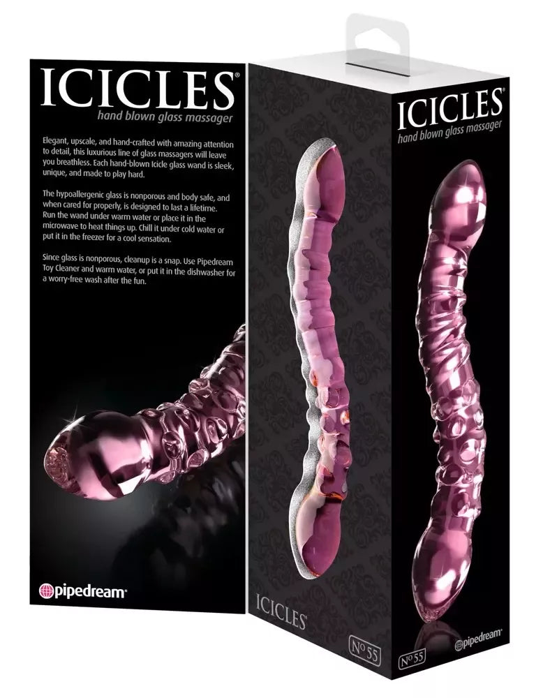 Pipedream Icicles No. 55 rožinis stiklinis intymus masažuoklis 19,5 cm
