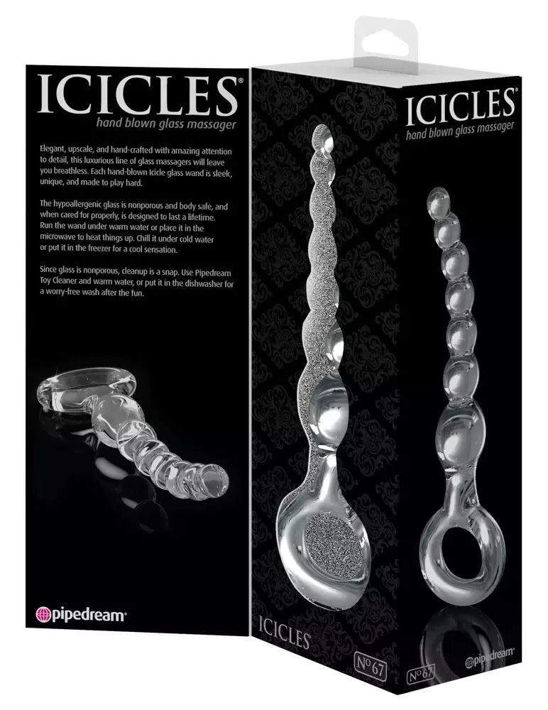 Pipedream Icicles No. 67 stiklinis analinis treniruoklis su rutuliukais, 20,5 cm