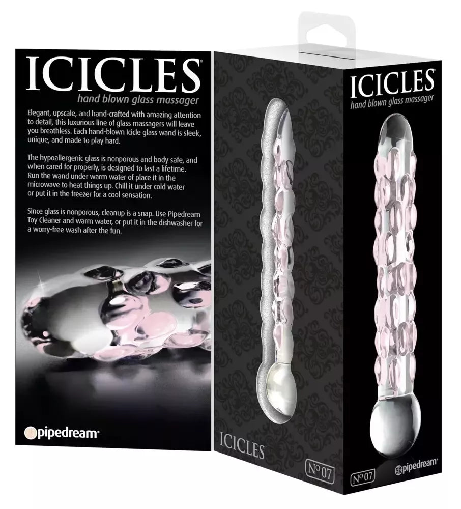 Pipedream Icicles No. 7 stiklinis masažo strypas su tekstūruotu paviršiumi, 17,8 cm