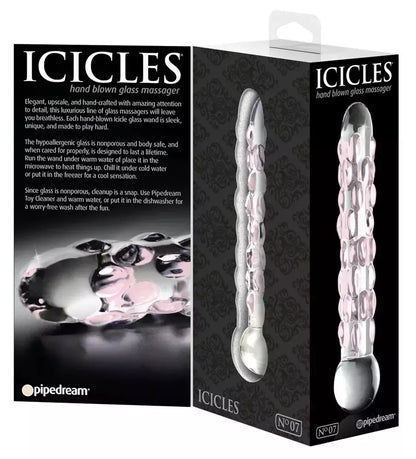 Pipedream Icicles No. 7 stiklinis masažo strypas su tekstūruotu paviršiumi, 17,8 cm