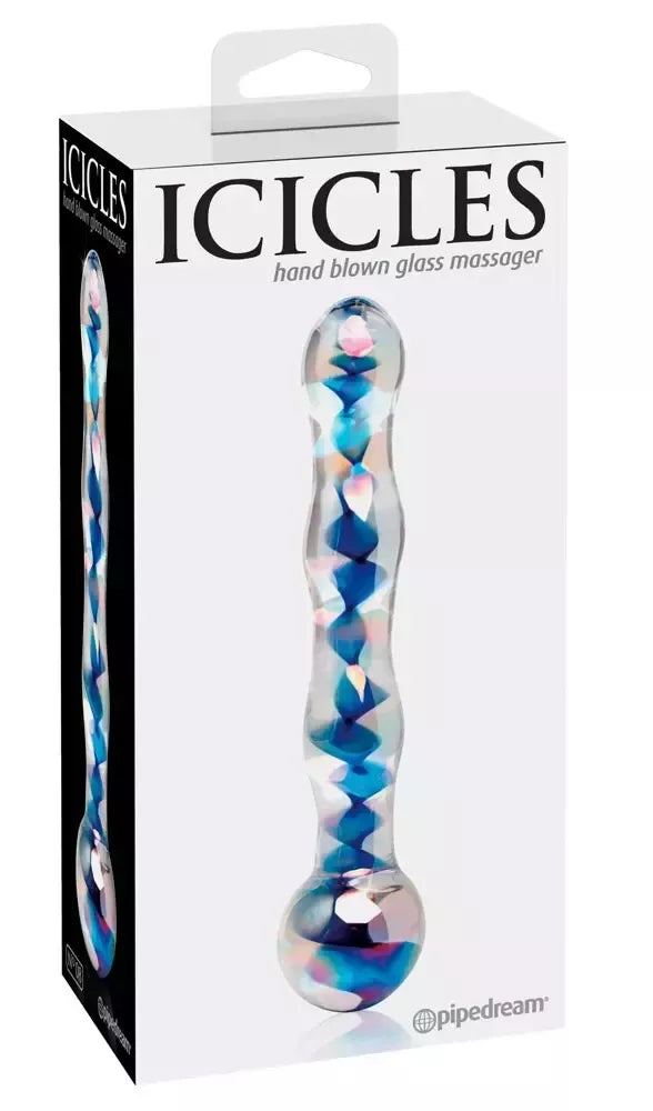 Pipedream Icicles No. 8 stiklinis intymus masažuoklis, skaidrus/mėlynas, 17,5 cm